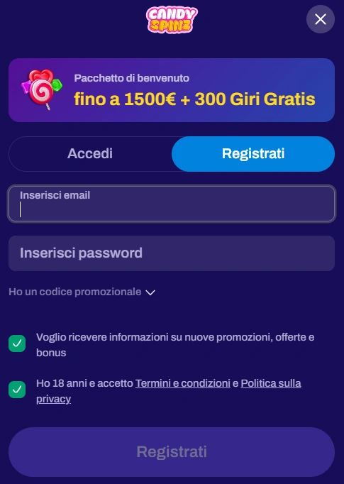 Candy Spinz Casino Registrazione e processo